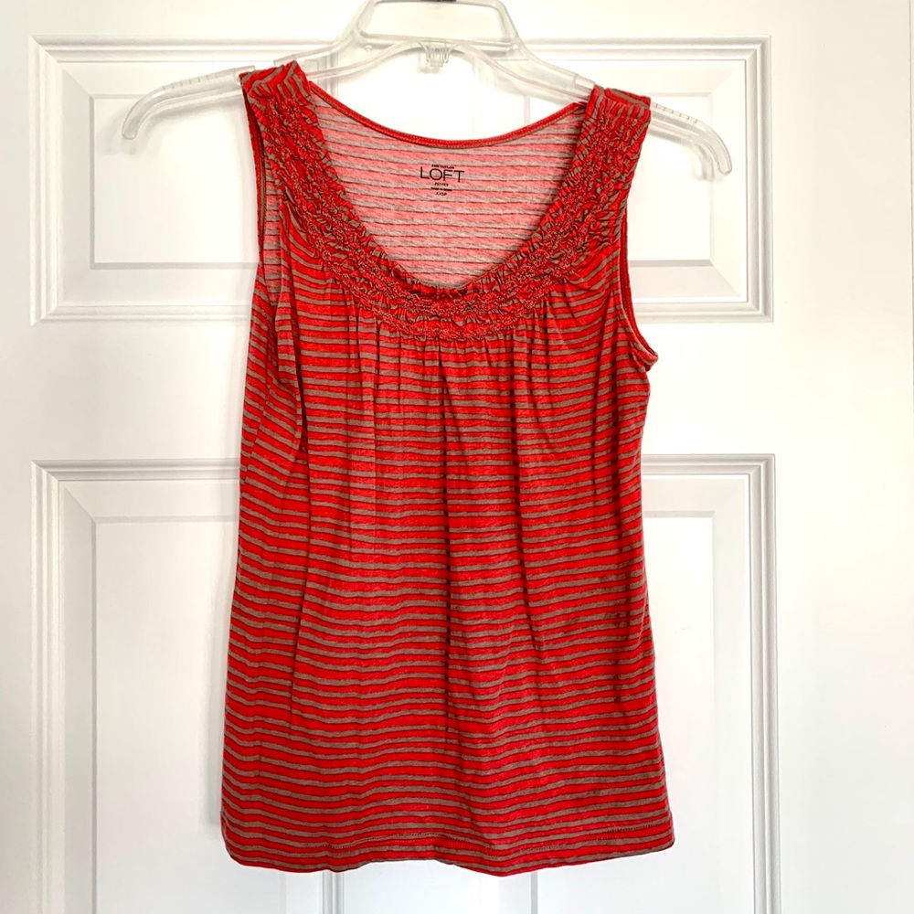 LOFT Scoop Neck Ruffle Striped Tank- Coral and Tan